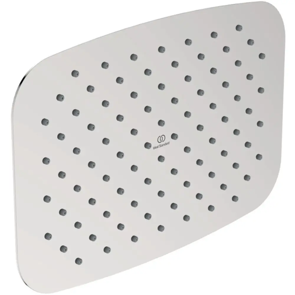 Edelstahl-Duschkopf mit vielen kleinen Düsen. Das Design ist modern und klar. Logo von Ideal Standard auf der Oberfläche sichtbar.